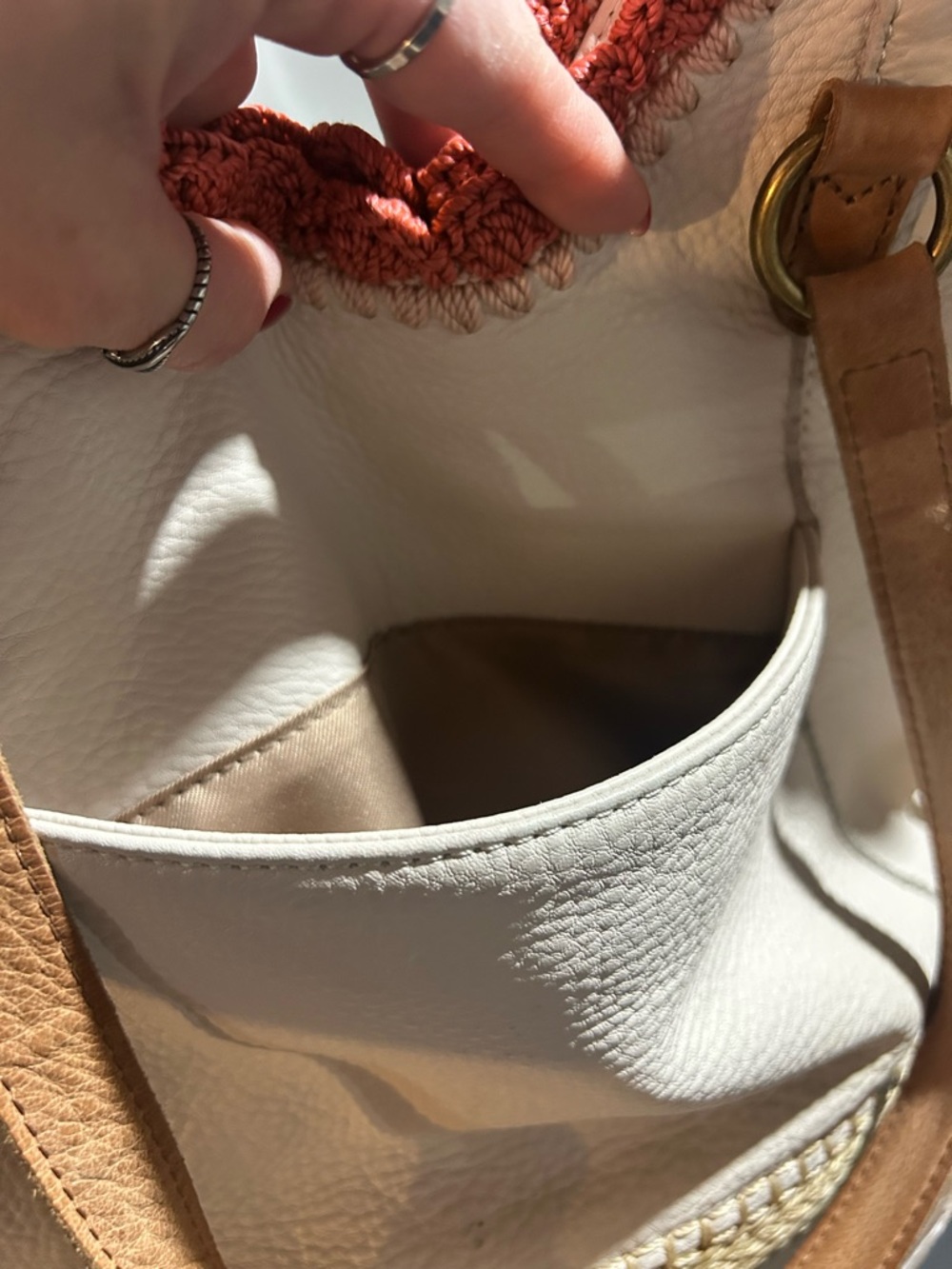 The Sak White Leather Shoulder Bag with Pink Embroidered Trim and Tan Braiding - Picture 12 of 16